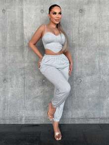 SHEIN SXY Solid Asymmetrical Hem Cami Top & Sweatpants - Grey - View 4