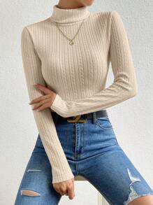 SHEIN Essnce 高領麻花編織T恤 - 卡其色 - 查看 4