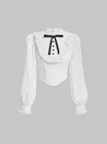 SHEIN MOD Bow Front Ruffle Trim Puff Sleeve Blouse - White - View 1