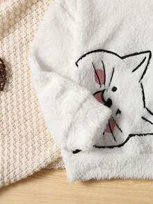 SHEIN Young Girl Cartoon & Letter Embroidery Bow Hooded Teddy Sweatshirt - White - View 7