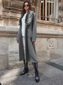 RueChic Plus Borg Collar Dual Pocket Belted Overcoat - Dark Grey - View 5