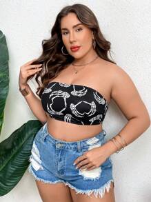 Ariqdhaksinargha Plus Skeleton Hand Print Tube Bikini Top - Black and White - View 5