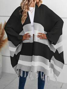 EMERY ROSE 拼色流苏下摆蝙蝠袖开衫 - 彩色 - 查看 4