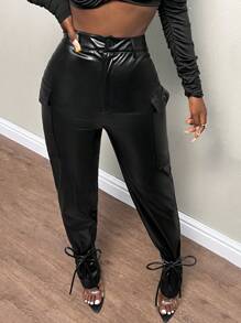 Slaydiva Flap Pocket Side Knot Hem PU Leather Pants - Black - View 1