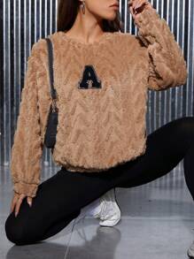 SHEIN EZwear Letter Patched Drop Shoulder Sweatshirt - Brown - View 6