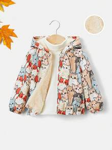 SHEIN 中性寶寶可愛小貓圖案加絨連帽中厚外套