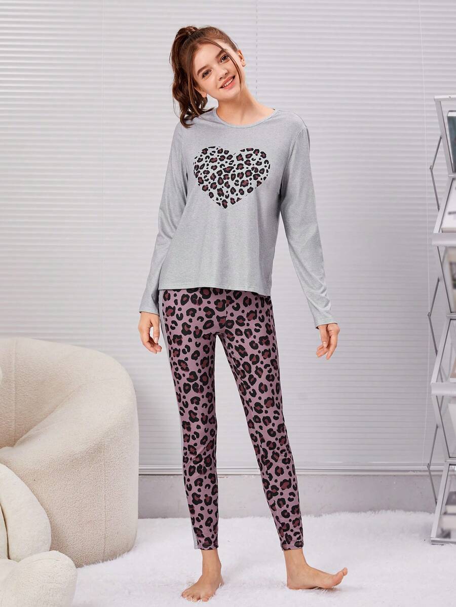 SHEIN Teen Girls' Knit Heart & Leopard Pattern Drop Shoulder T-Shirt And Pants Pajama Set - Grey - View 1