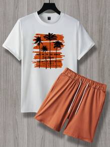 Manfinity Homme Men Tropical & Slogan Graphic Tee & Drawstring Waist Shorts, Cozy Outfits - Mustard Yellow - View 3