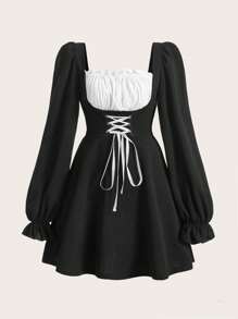 ROMWE PUNK Colorblock Lace Up Ruched Bust Milkmaid Dress - Black - View 1