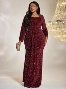 Plus Square Neck Draped Detail Sequin Formal Dress - Red - View 6