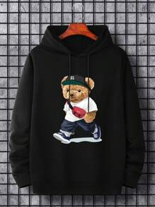 RueChic Men Bear Print Drawstring Hoodie - Black - View 2