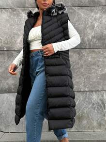 EURMUSE Plus Fuzzy Trim Hooded Puffer Vest Coat, For Winter - Black - View 4