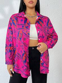 SHEIN Coolane Plus Allover Print Drop Shoulder Shirt - Hot Pink - View 4