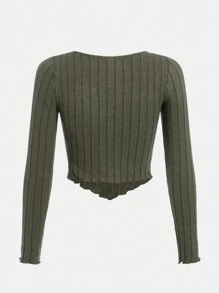 SHEIN EZwear 生菜邊羅紋針織短款T恤 - 軍綠色 - 查看 2