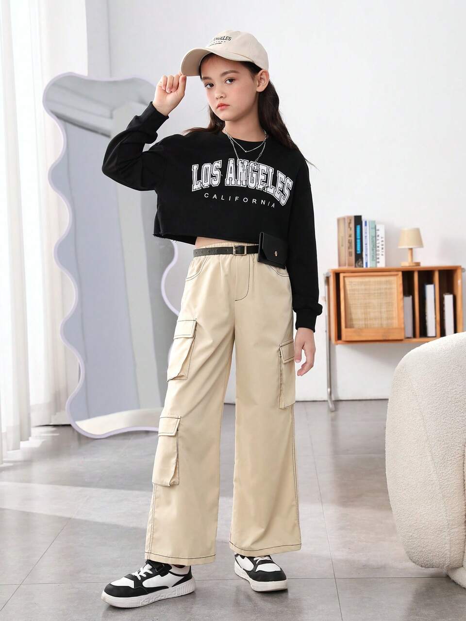 Tween Girl Woven Solid Color Baggy Cargo Pants With Pockets And Waist Bag For Casual Wear