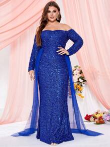 Hơn Off Shoulder Mảnh lưới Kim sa Ăn mặc trang trọng - Màu xanh lam - Xem 5
