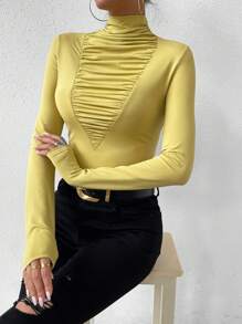 SHEIN Essnce 小高領正面褶皺T恤 - 芥末黃 - 查看 4