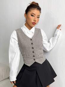 SHEIN Unity 千鳥格印花前紐扣馬甲無襯衫 - 咖啡棕 - 查看 4