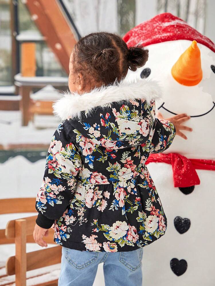 Baby Girl Floral Print Fuzzy Trim Hooded Peplum Waist Thermal Lined Coat