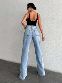 SHEIN PETITE Light Wash Split Hem Jeans - Blue - View 2