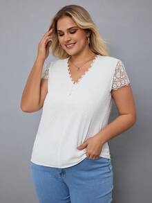 RueChic Plus Swiss Dot Contrast Lace Blouse - White - View 6