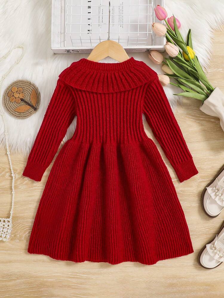 SHEIN 女小童花卉刺繡誇大領口條紋針織毛衣洋裝 - 紅色 - 查看 2