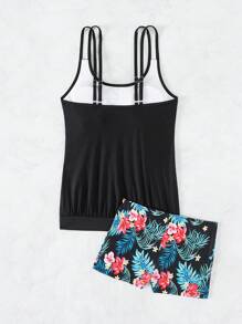 Swim Lushoire Summer Beach Tropical Print Shorts Tankini - Black - View 5