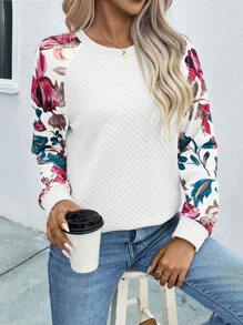 SHEIN VCAY Floral Print Raglan Sleeve Sweatshirt - White - View 6