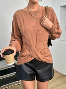 SHEIN Essnce Solid Batwing Sleeve Sweater - Khaki - View 5