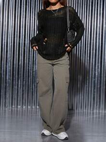 SHEIN PETITE 素色破洞落肩袖套頭毛衣 - 黑色 - 查看 6