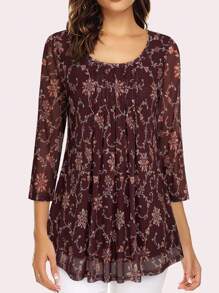 CheersLife 女士休闲 3/4 袖束腰上衣花卉双层衬衫宽松百褶网眼衬衫 - 酒紅色 - 查看 3