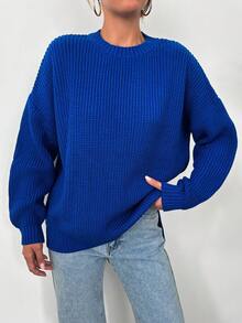 EURMUSE Chất rắn Thả vai Đồ đan Ribbed Thả vai Áo len - Màu xanh lam - Xem 3