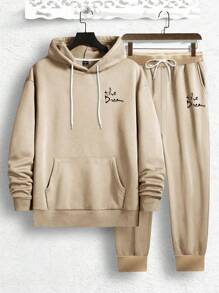Manfinity EMRG Men Statue and Slogan Graphic Thermal Lined Drawstring Hoodie & Sweatpants - Khaki - View 2