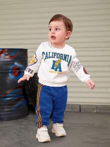 SHEIN Baby Boy Letter Graphic Sweatshirt & Striped Tape Side Sweatpants - Blue and White - View 1