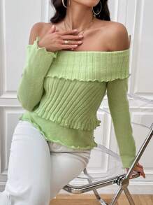 SHEIN Privé Off Shoulder Lettuce Trim Foldover Off Shoulder Lettuce Trim Sweater - Green - View 6