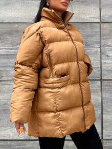 RueChic Plus Zip Up Puffer Coat - Camel - View 4