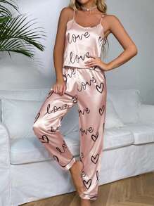 Heart & Letter Graphic Satin PJ Set / Pajama Set - Baby Pink - View 5