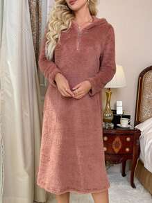 1/4拉鍊連帽法蘭絨睡裙 - 珊瑚粉 - 查看 4