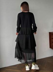 FRIFUL Solid Ruffle Hem Dress,Fall Clothes Long Sleeve Dress Maxi Dress - Black - View 3