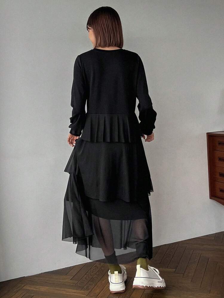 Solid Ruffle Hem Dress,Fall Clothes Long Sleeve Dress Maxi Dress