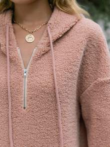 Simplee Kangaroo Pocket Drop Shoulder Drawstring Teddy Hoodie Dress - Pink - View 6