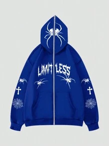 ROMWE MEN Goth 男士字母圖形拉鍊連帽衫 - 藍色 - 查看 3