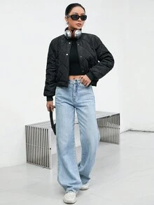 SHEIN Essnce Casual Plain Color Short Padded Padded Coat, Winter Clothes - Black - View 4