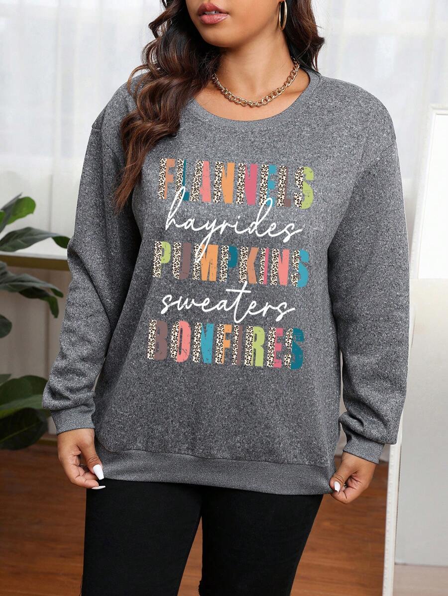 Calvaya Plus Letter Graphic Drop Shoulder Sweatshirt - Dark Grey - View 1