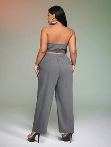 SHEIN ICON Plus Zip Up Tube Top & Flap Pocket Cargo Pants - Grey - View 3