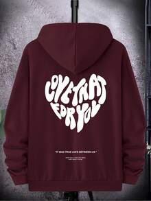Manfinity Hypemode Nam Lỏng lẻo phù hợp Hoodie Với In Khẩu hiệu , Túi kangaroo Và Dây rút Khép kín - Màu Đỏ Sâu - Xem 2