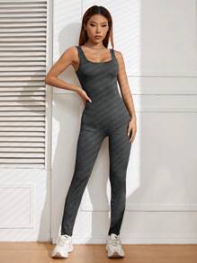 SHEIN EZwear 素色大圓領彈力緊身連體褲 - 深灰色 - 查看 1