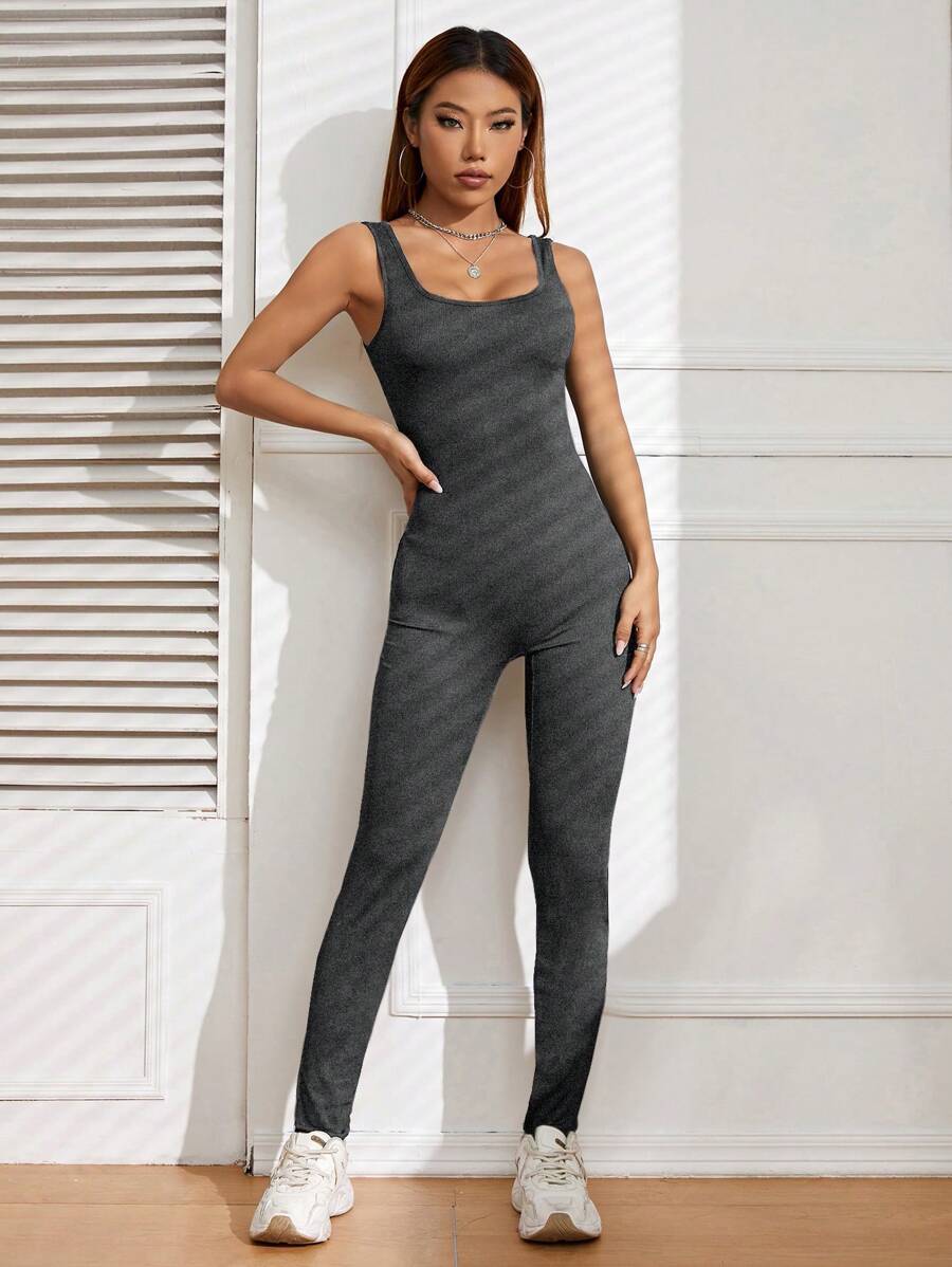 SHEIN EZwear 素色大圓領彈力緊身連體褲 - 深灰色 - 查看 1