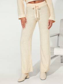 SHEIN BASICS Drawstring Waist Wide Leg Knit Pants - Apricot - View 3