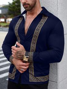 Manfinity AFTRDRK Men Geo Print Button Up Shirt - Navy Blue - View 6